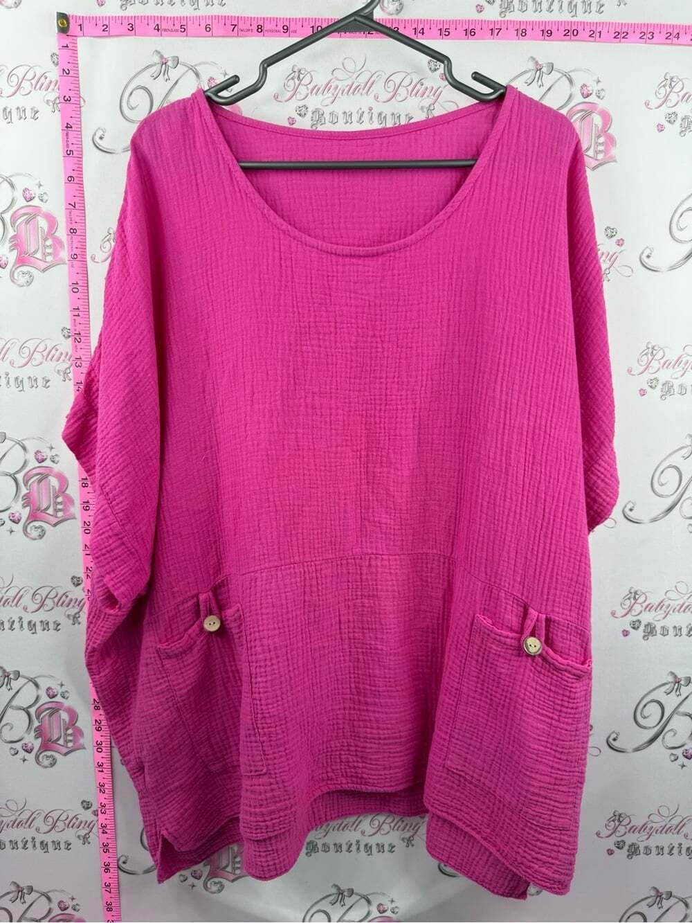 Tshirt pink pockets tiki style Relaxed Pink Gauze Pocket Top